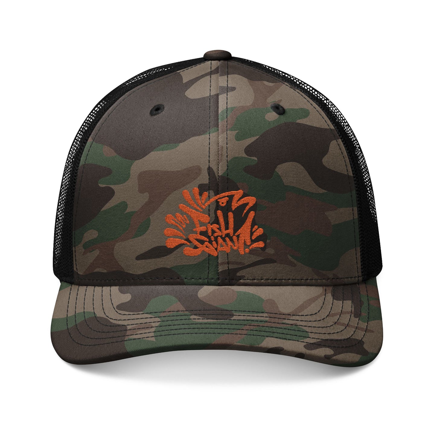 FISHGIANT | BASS HUNTER | CAMO TRUCKER HAT | EMBROIDERED | CATCHY BASS TAG | HUNTERS ORANGE