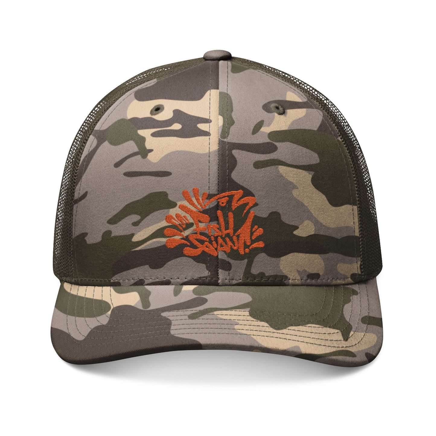 FISHGIANT | BASS HUNTER | CAMO TRUCKER HAT | EMBROIDERED | CATCHY BASS TAG | HUNTERS ORANGE